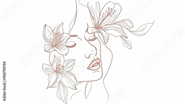 Fototapeta Women face in one line art style with flowers and leaves.Continuous line art in elegant style for prints, tattoos, posters, textile, cards etc. Beautiful woman face Vector illustration