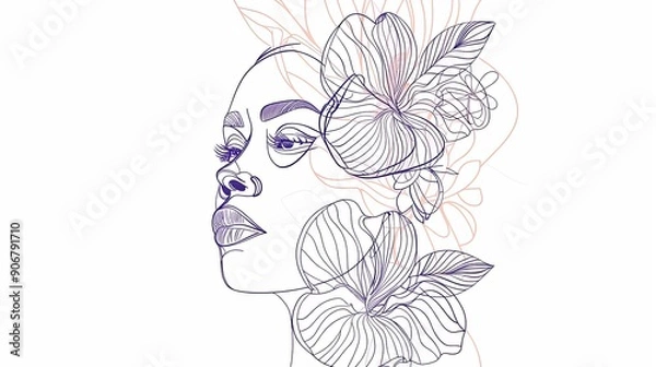 Fototapeta Women face in one line art style with flowers and leaves.Continuous line art in elegant style for prints, tattoos, posters, textile, cards etc. Beautiful woman face Vector illustration 