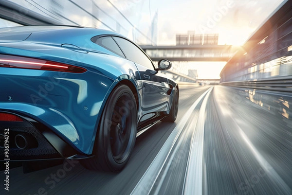 Fototapeta Blue car speeding on highway with motion blur