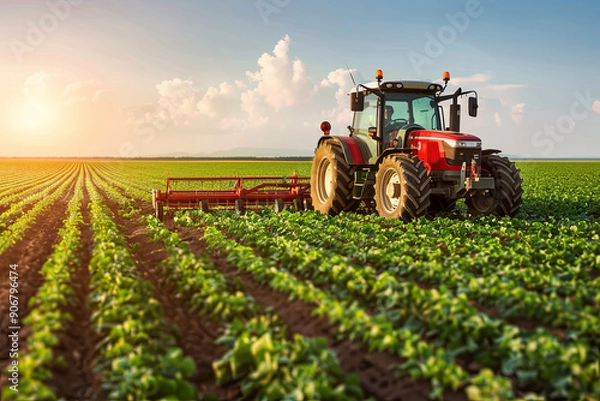 Fototapeta Red tractor plowing a vast green field