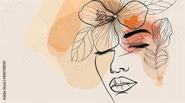 Fototapeta Women face in one line art style with flowers and leaves.Continuous line art in elegant style for prints, tattoos, posters, textile, cards etc. Beautiful woman face Vector illustration
