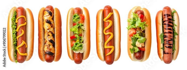 Fototapeta directly above view set of six isolated hot dogs.