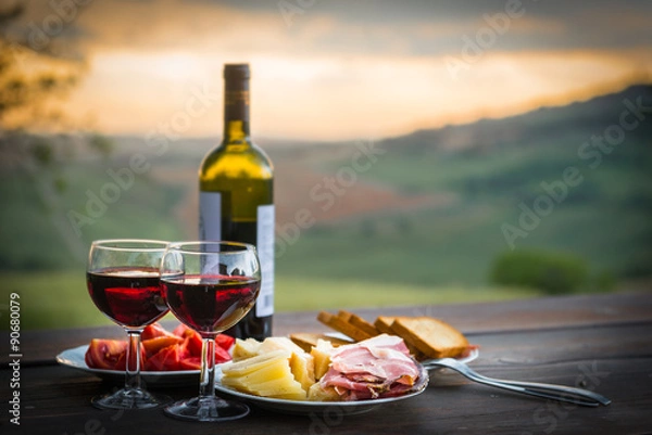 Obraz martwa natura Czerwone wino, ser i prosciutto