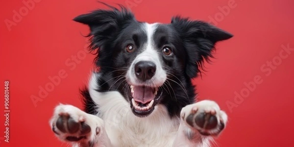 Fototapeta A black and white dog with its mouth open and its paws in the air. The dog is smiling and he is happy