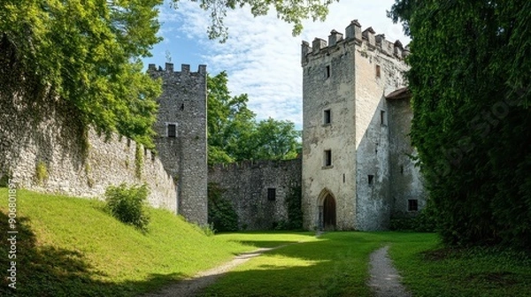 Fototapeta Medieval stone castle with green landscape, tall trees, and blue sky. Historic architecture and ancient fortification in a scenic setting.