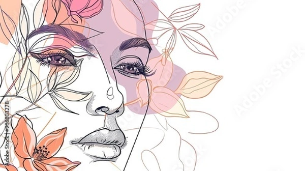 Fototapeta Women face in one line art style with flowers and leaves.Continuous line art in elegant style for prints, tattoos, posters, textile, cards etc. Beautiful woman face Vector illustration