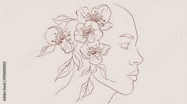 Fototapeta Women face in one line art style with flowers and leaves.Continuous line art in elegant style for prints, tattoos, posters, textile, cards etc. Beautiful woman face Vector illustration
