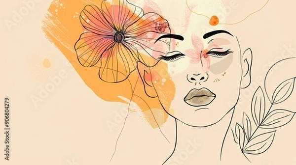 Fototapeta Women face in one line art style with flowers and leaves.Continuous line art in elegant style for prints, tattoos, posters, textile, cards etc. Beautiful woman face Vector illustration