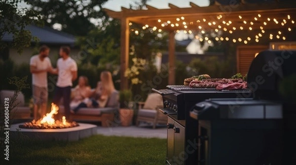 Fototapeta Friends Gathering for a Backyard Barbecue under Fairy Lights