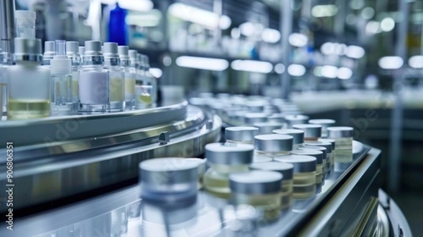 Fototapeta Bottles on a Conveyor Belt in a Factory