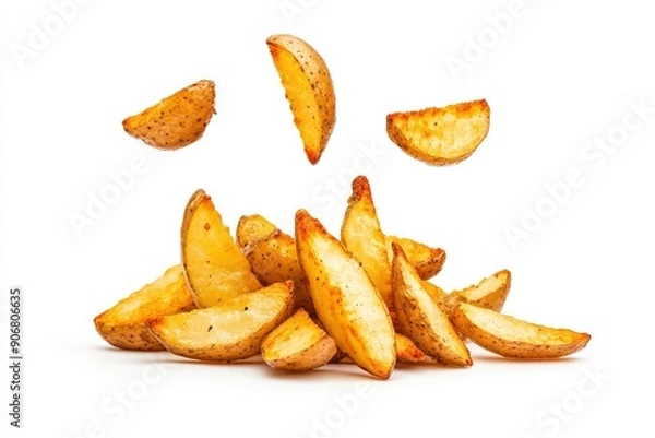 Fototapeta Falling fried Potato wedges, isolated on white background, full depth of field , ai