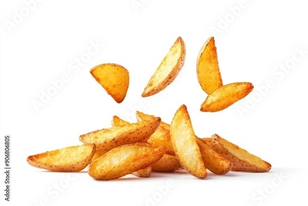 Fototapeta Falling fried Potato wedges, isolated on white background, full depth of field , ai