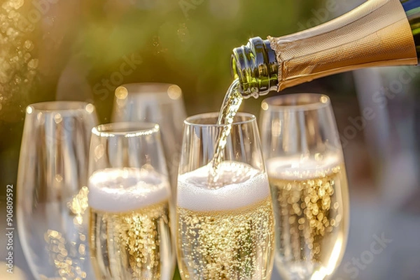 Fototapeta Champagne Sparkling wine Prosecco is poured into Glasses afterward and toasted Digital Art Wallpaper Background Backdrop Brainstorming Cover Card