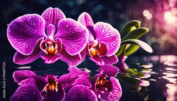 Fototapeta pink orchids close-up reflected in water