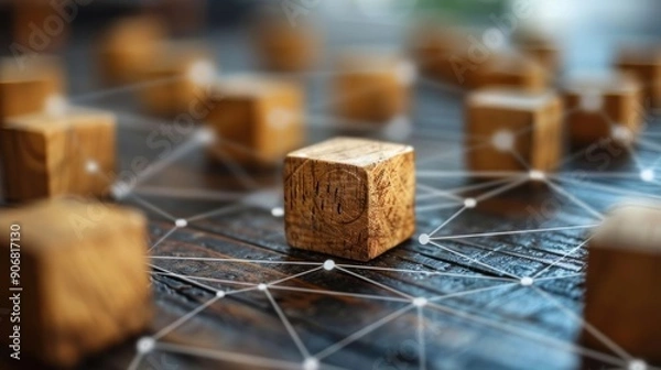 Fototapeta Interconnected Wooden Blocks on a Wooden Table