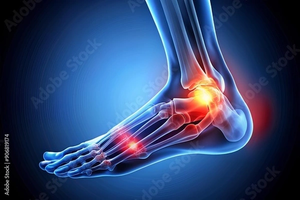 Fototapeta X-ray image of an ankle joint with inflammation, highlighting joint pain, medical diagnosis, and bone health issues in a detailed anatomical illustration.