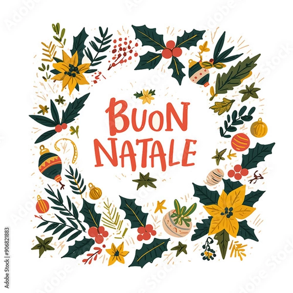 Fototapeta A colorful Christmas card with a wreath and a star in the center. The text reads "Buon Natale" in bold letters