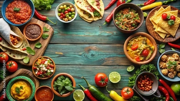 Fototapeta Delicious spread of Mexican dishes on the table , Tacos, Burritos, quesadillas, chili, fajitas, tortillas, Mexican cuisine
