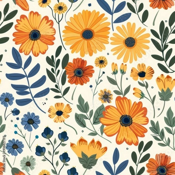 Fototapeta Seamless pattern with flowers and leaves. Floral background.