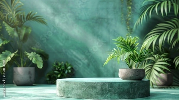Fototapeta Green podium display with potted plants in a serene indoor setting