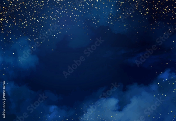 Obraz Magic night dark blue frame with sparkling glitter bokeh and light art. Square vector wedding card. Gold confetti and navy background. Golden scattered celestial dust. Fairytale magic star template