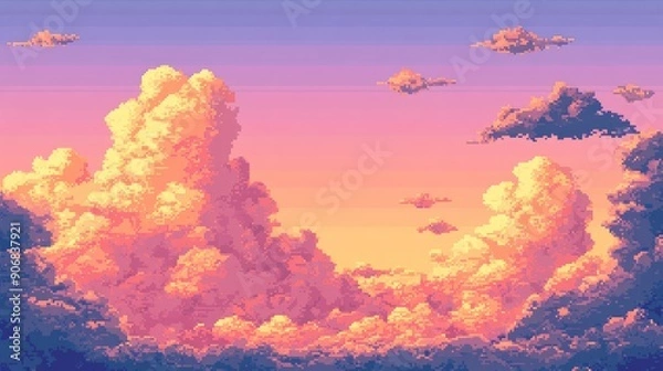 Fototapeta Seamless pixel art clouds at sunset, in a retro style, perfect for creating nostalgic backgrounds.