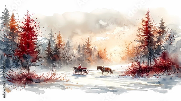 Fototapeta A serene winter scene featuring a horse-drawn sleigh traveling through snow-covered trees and vibrant autumn foliage.