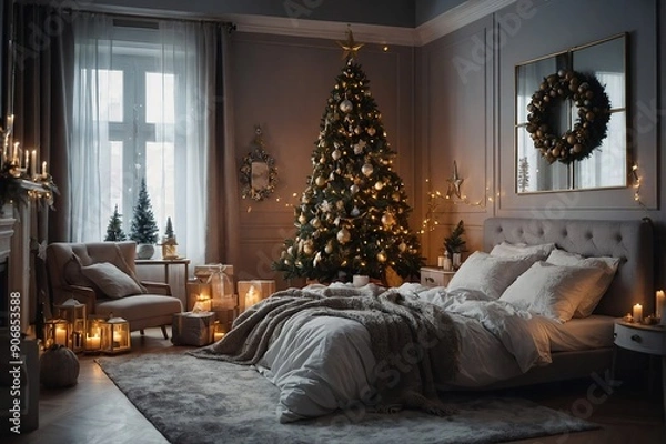 Fototapeta Christmas decorated bedroom interior. Cozy home moment. Concept Happy New Year