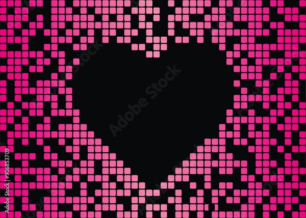Fototapeta A background texture of heart shape digital pixels on a black background with copy space