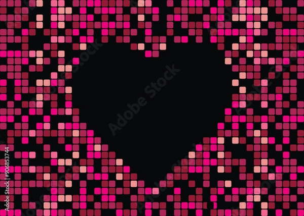 Fototapeta A background texture of heart shape digital pixels on a black background with copy space