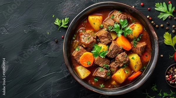 Fototapeta Hearty beef stew with potatoes and carrots in tomato sauce served on a dark surface