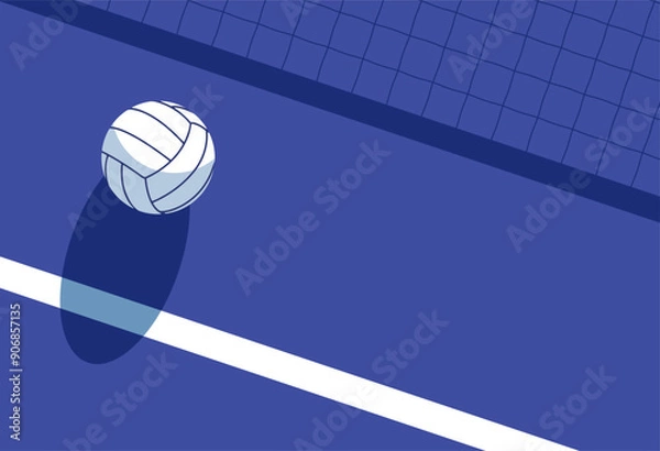 Fototapeta Volleyball ball casts a shadow on volleyball court, top view, volleyball net shadow and ball, view from above, poster with space for text, vector