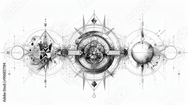 Fototapeta Tattoo art line, illustrated in Illustrator, perfect generation without design errors, pure white and clean background. A geometric and realistic style tattoo, featuring a combination of mythological.