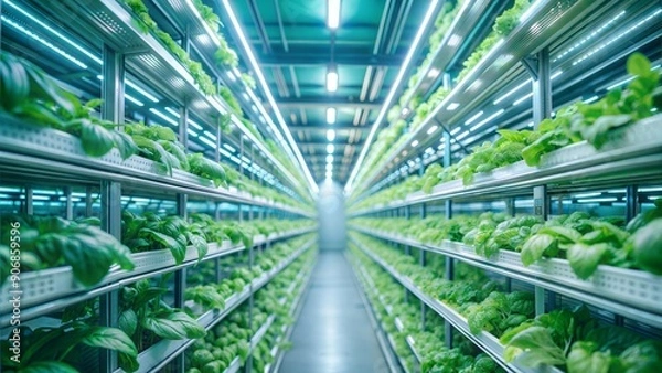 Fototapeta Cultivating the Future. Inside a Vertical Farm with Row Lighting