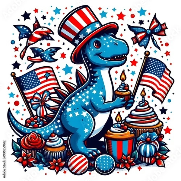 Fototapeta Patriotic Dinosaur with Cupcakes and American Flags
