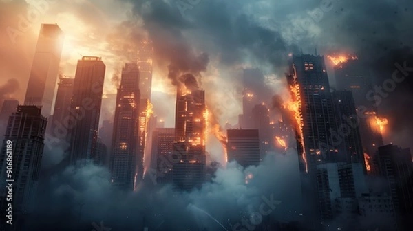 Fototapeta City skyline with several buildings on fire, producing thick smoke, creating an apocalyptic scene.