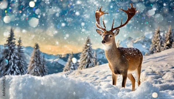 Obraz Deer in a snow on Christmas background. Winter wonderland.