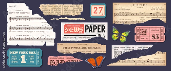 Obraz Retro Newspaper Scraps and Torn Paper Elements. Old Vintage Coupon and Ticket. Contemporary Mixed Media Style. Vector Elements for flyer, poster, banner.