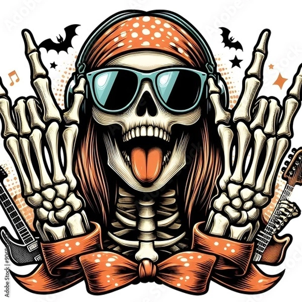 Fototapeta Rock and Roll Skeleton with Sunglasses and Bandana