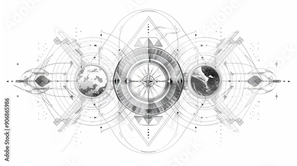 Fototapeta Tattoo art line, illustrated in Illustrator, perfect generation without design errors, pure white and clean background. A geometric and realistic style tattoo, featuring a combination of mythological.