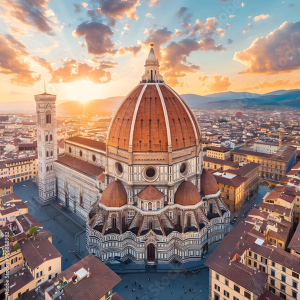 Fototapeta Aerial view at sunset of the florence cathedral, showcasing brunelleschi's dome and giotto's campanile, landmarks of italian renaissance architecture