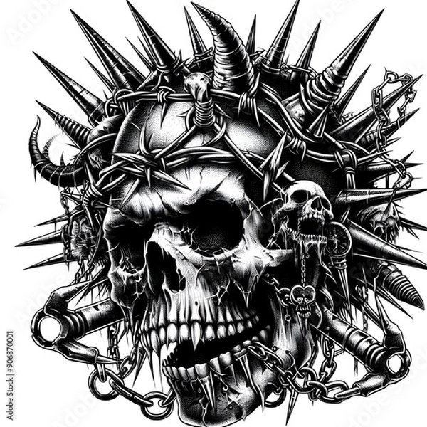 Fototapeta Skull with Spikes and Chains