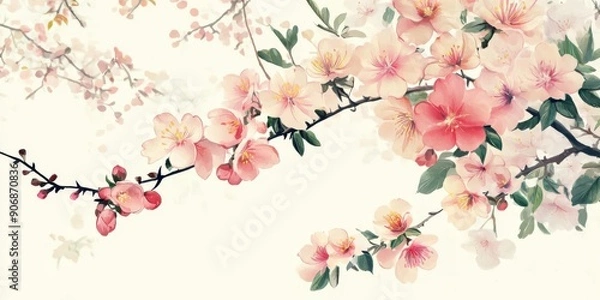 Fototapeta Beautiful illustration of delicate pink flowers sakura blossoming  tree branches,  vibrant petals and lush green leaves. Perfect for spring-themed designs, nature art, and floral compositions.