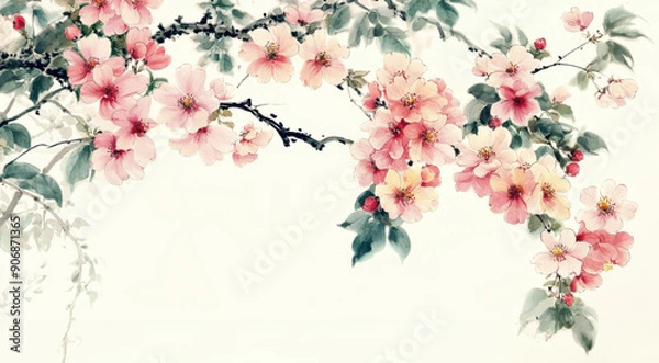 Fototapeta Beautiful illustration of delicate pink flowers sakura blossoming  tree branches,  vibrant petals and lush green leaves. Perfect for spring-themed designs, nature art, and floral compositions.