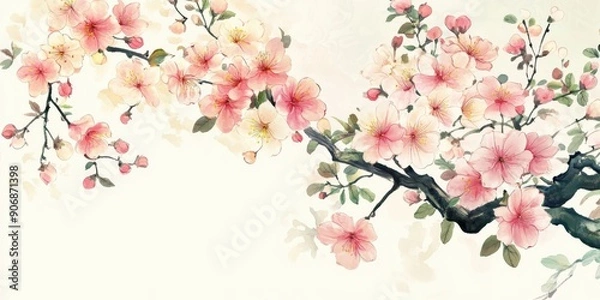 Fototapeta Beautiful illustration of delicate pink flowers sakura blossoming  tree branches,  vibrant petals and lush green leaves. Perfect for spring-themed designs, nature art, and floral compositions.