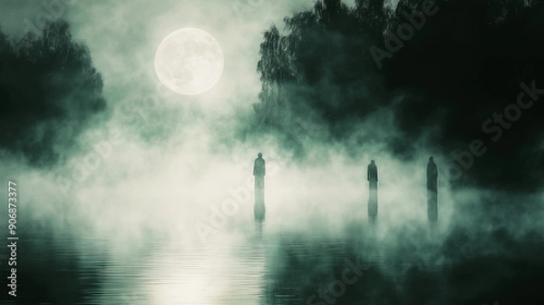 Fototapeta A foggy lake with a full moon casting an eerie glow on the water, and ghostly figures barely visible in the mist, bottom third copy space. Mystery and Mysticism, Memory and Care, w
