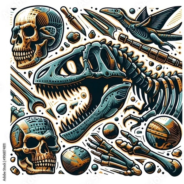 Fototapeta T-Rex Skeleton with Skull and Other Bones