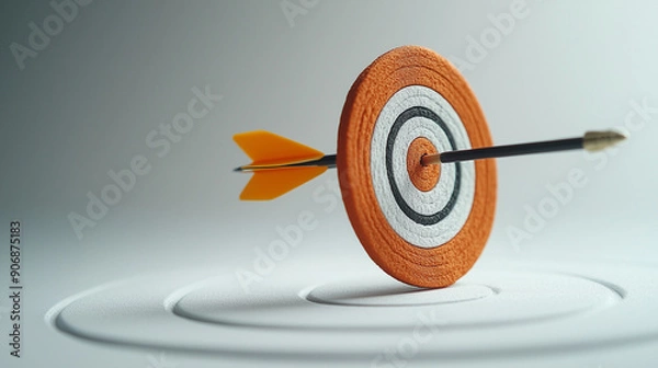 Obraz Clean white backdrop with arrow hitting target, symbolizing business success.
