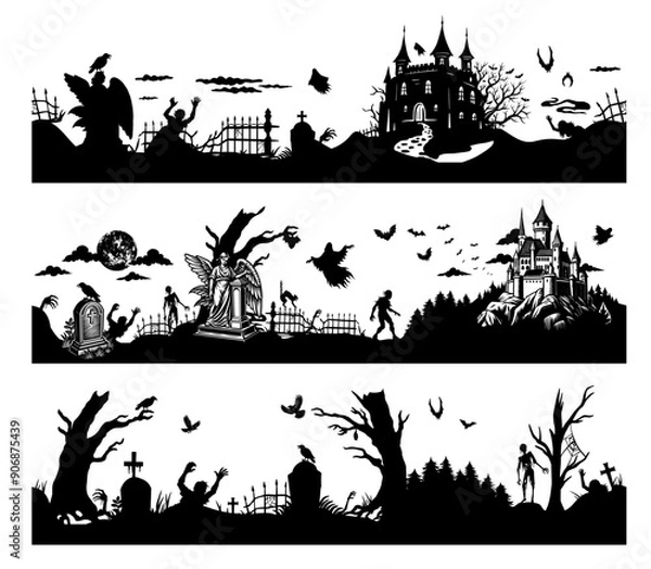 Fototapeta Set of halloween seamless panoramas with halloween silhouette of apocalypse, cemetery elements for fear holiday background