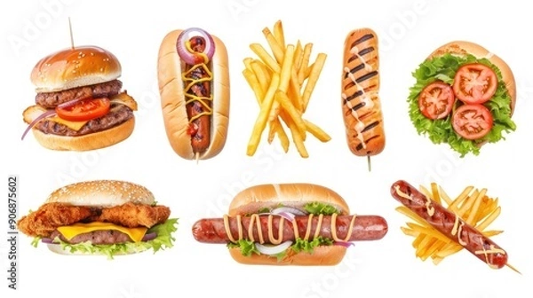 Fototapeta Set of fast food isolated on a white background, including hot dogs and chicken sandwiches with fries and kebabs with drift meat steak